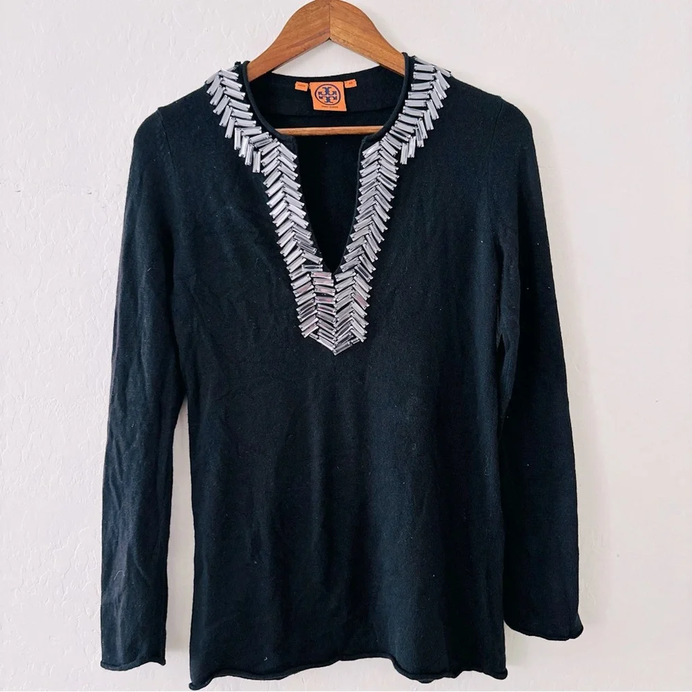 Tory Burch Cashmere Merino Wool Black Long Sleeve Top‎ with Silver Accents